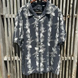 Fushionc Men's Hawaiian Button Down Shirt Black Floral Palm Tree Size XL
